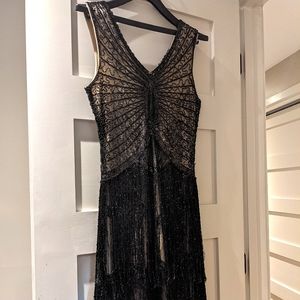 Black sequined flapper dress with fringe, size S (fits like size 6)